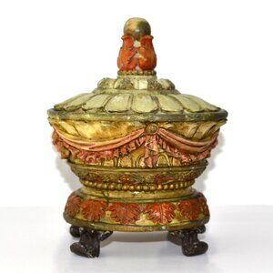 Trinket Jewelry Box with Lid, Flowers, Leaves & Drapery Decoration, Vintage